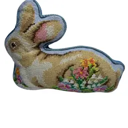 Cross Stitch Bunny Decorative Pillow With Blue Velvet Back @ 10 1/2x 8