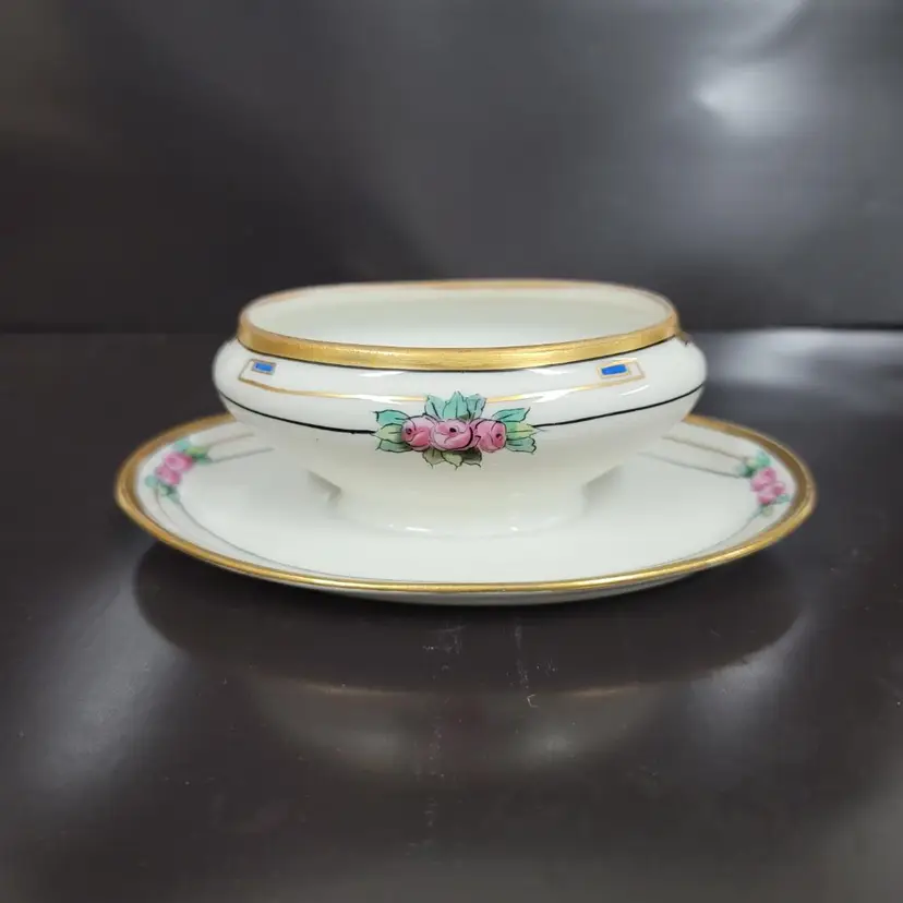 Vintage W A Pickard Fine China Dish, Hand Painted Roses with Gold Details