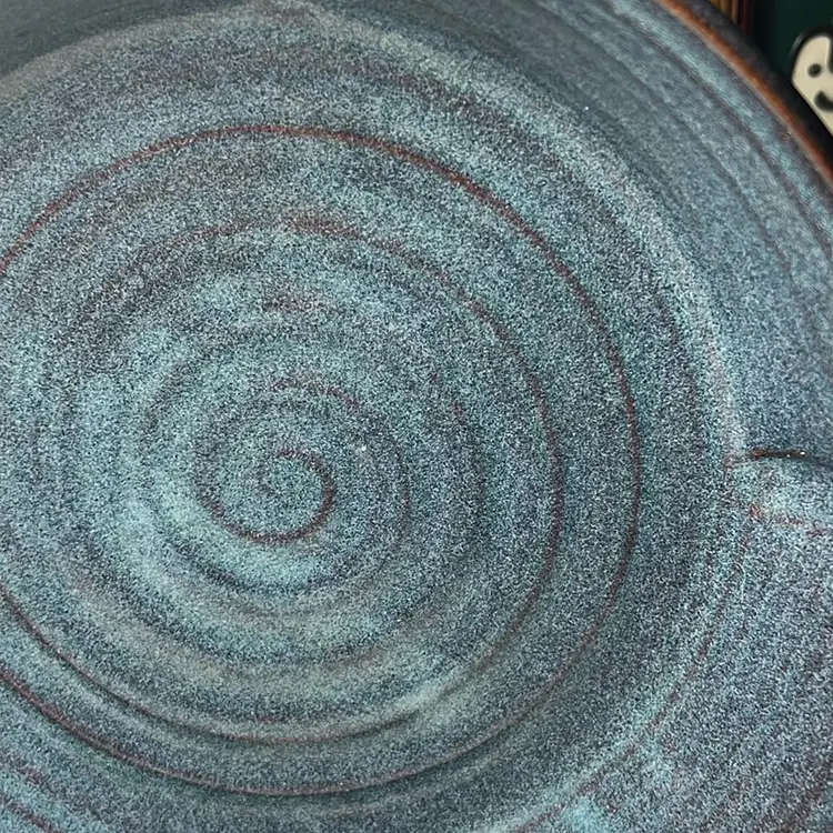 Hand Made & Signed Stoneware Bowl With Slate Blue Glaze And Leaf Exterior Design.