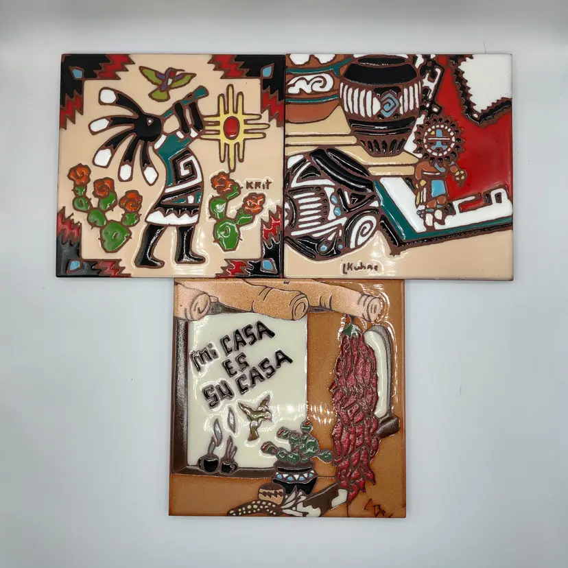 Vtg 1999 Singed Hand Crafted Redwear Tile Wall Hangings