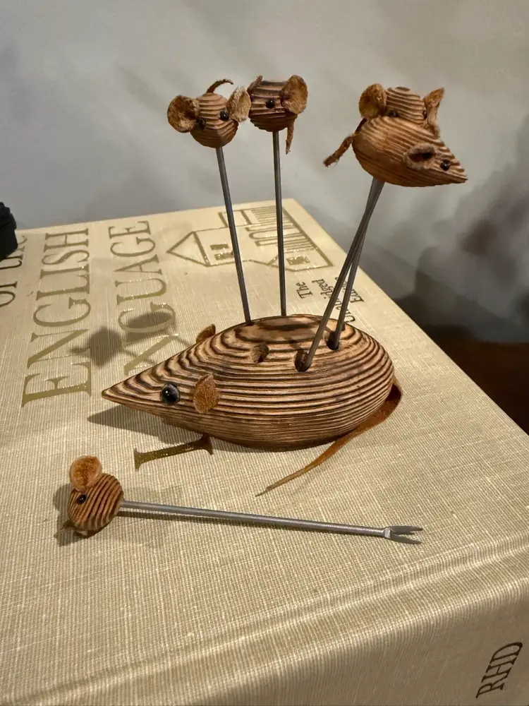 Wooden Mouse Appetizer Pick Holder with Six Metal & Wood Picks