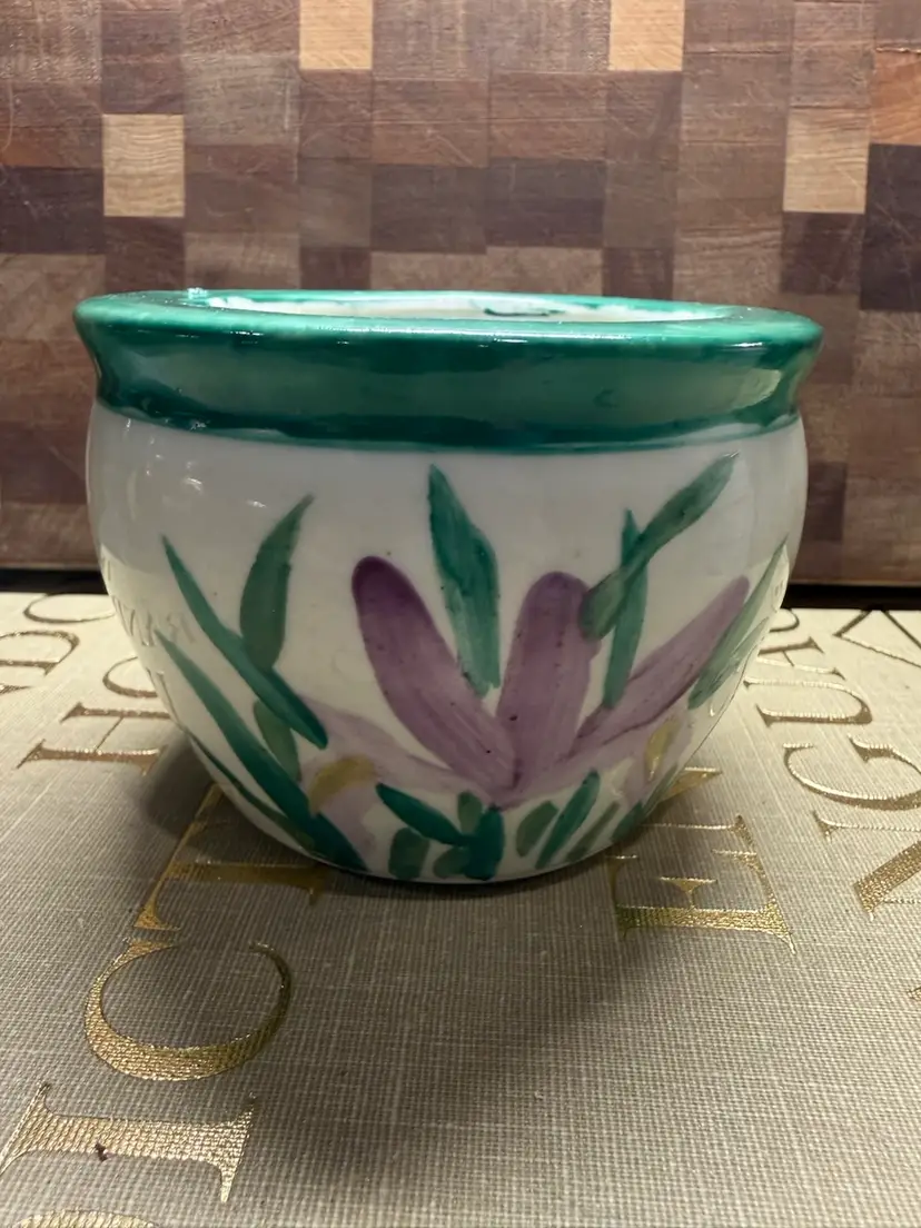 Small Hand-Painted Ceramic Floral Planter Pot with Green Rim