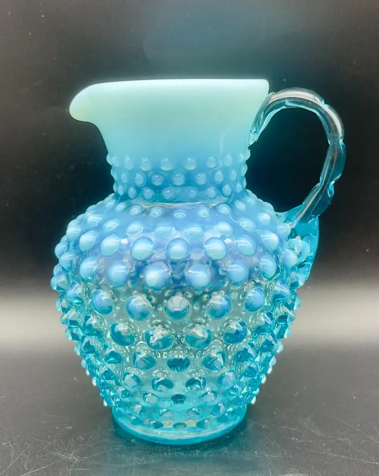Fenton Blue Opalescent Hobnail pitcher