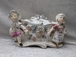 Vintage Porcelain Trinket Jar Box Victorian Girl Boy Figurine Pair Marked Japan Grapes Covered Gold Trim Castlecore English Cottage Decor