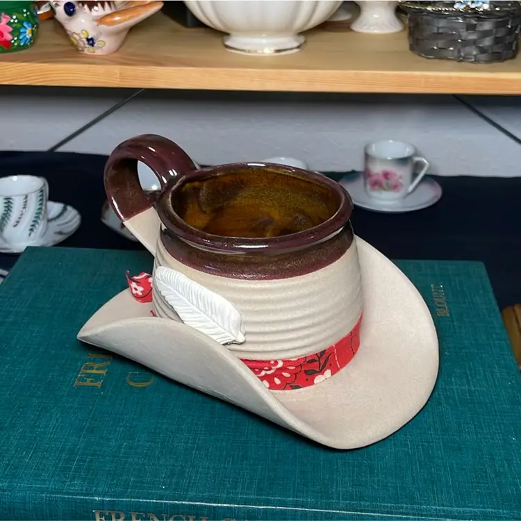 Vintage Muddy Waters Pottery 1980s Cowboy Cowgirl Hat Western Coffee Mug 4" tall