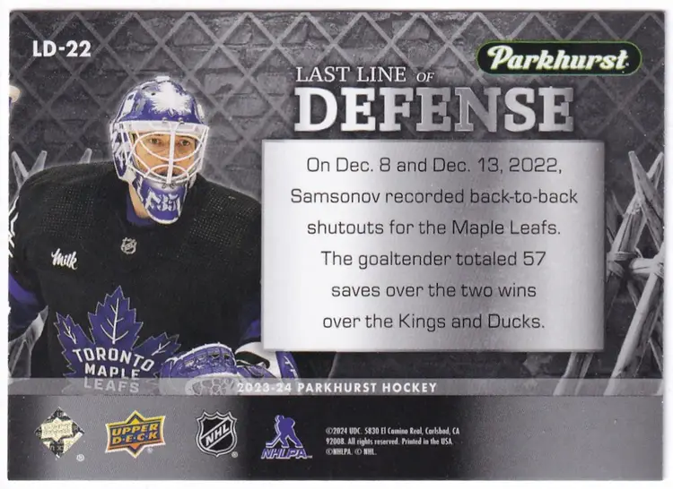2023-24 Parkhurst Last Line of Defense #LD22 Ilya Samsonov Toronto Maple Leafs Hockey Card