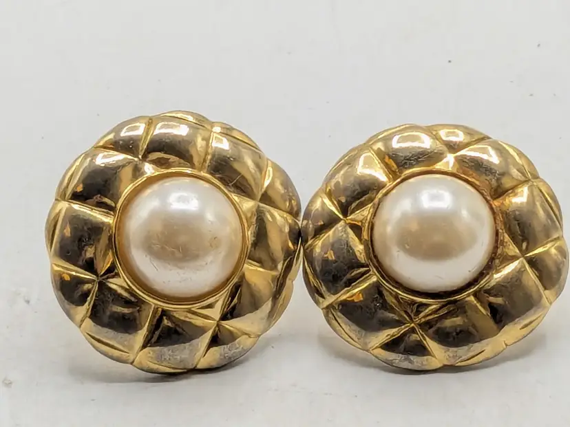 Vintage Gold Tone Clip-On Earrings Quilted with Faux Pearl Center