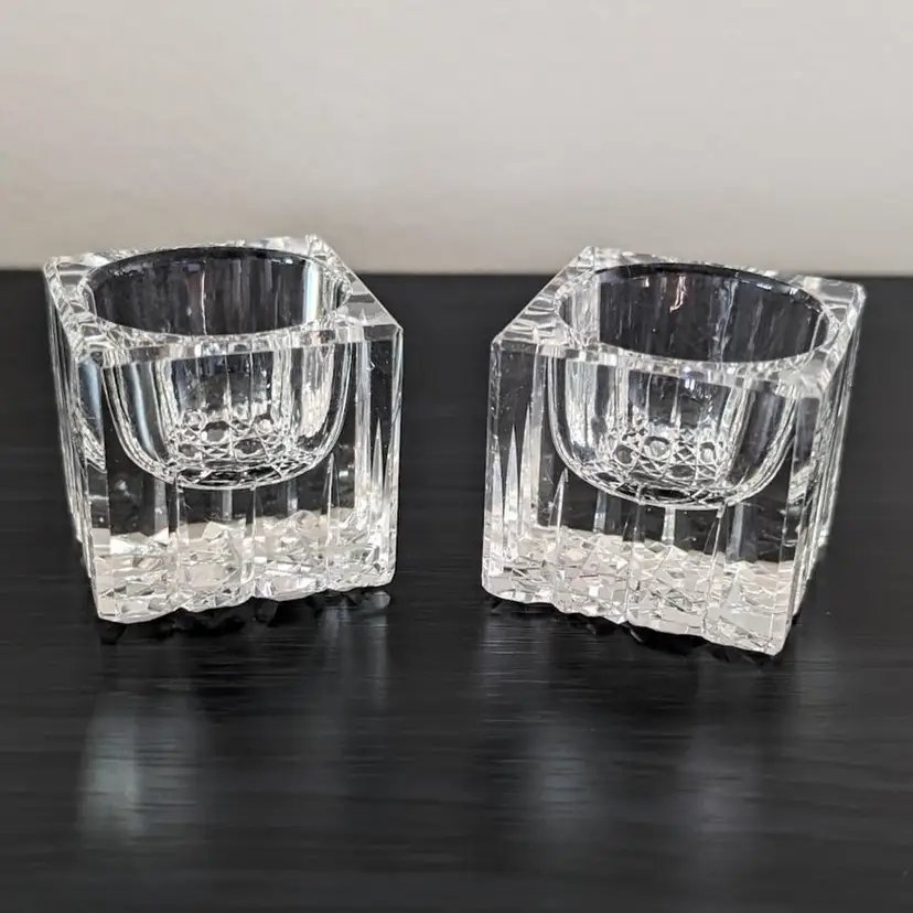 Marble Holders!  Vintage Pair of Clear Crystal Glass Salt Cellars Square with Design Ice Cube