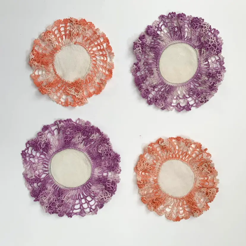 4 Linen Medallion Doily Crochet Ruffled Lace Cottage Core Granny Farmhouse Vintage