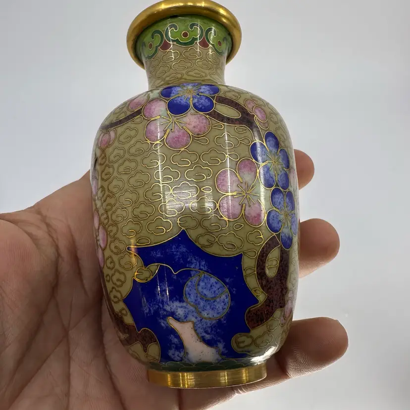 Vintage Cloisonné Vase With Pink Cherry Blossoms Flowers 4”
