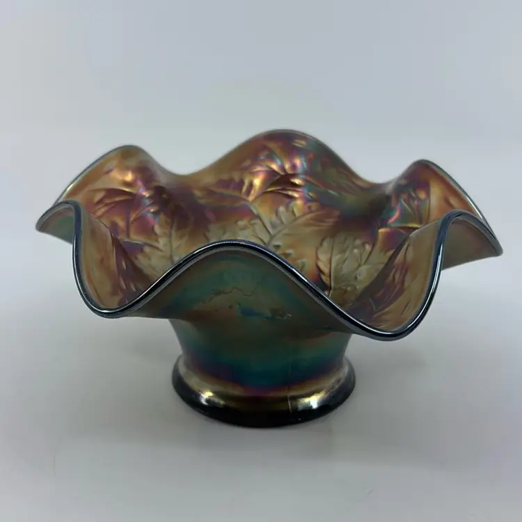 Fenton Cobalt Blue Carnival Glass Ruffled Hat Bowl Holly Berry Pattern 5”