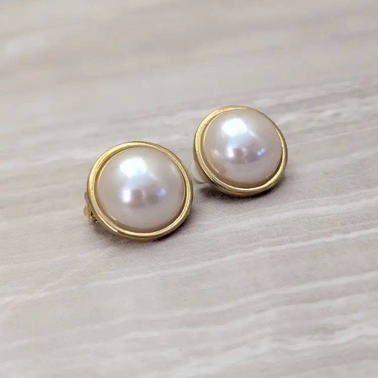 Vintage Clip On Earrings Statement Domed Faux Pearl with Gold Tone Halo Large