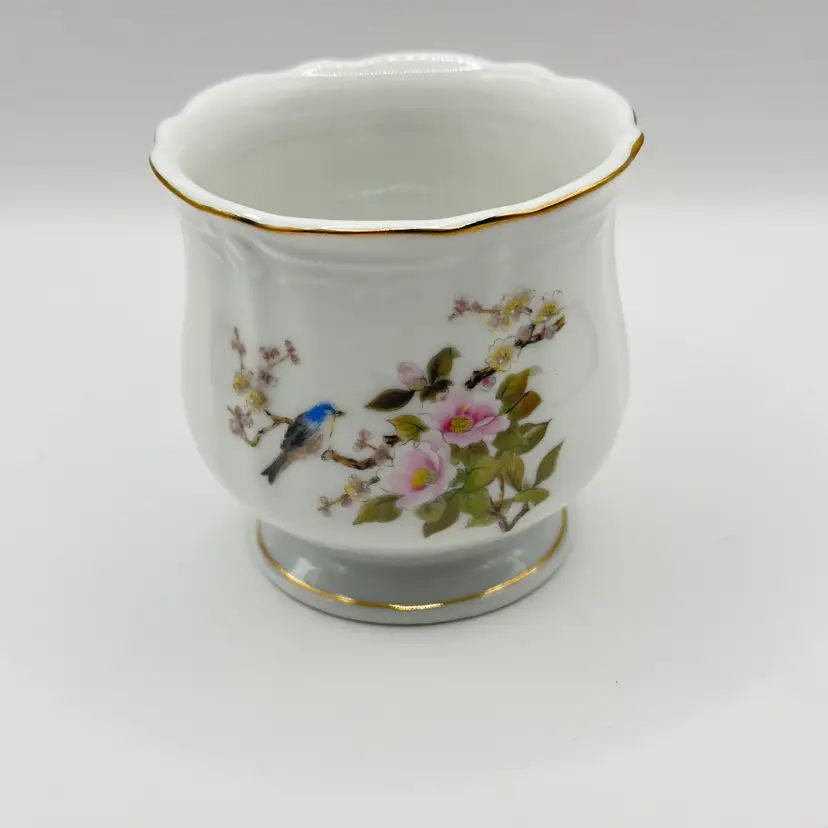 Vintage Herb Pot Vase Floral Porcelain Bluebird Design, Elegant Home Decor, By Takahashi, Made in Japan, #1