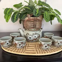 Vintage Otagiri Japan Handcrafted Gray Stoneware Teapot With 6 Cups