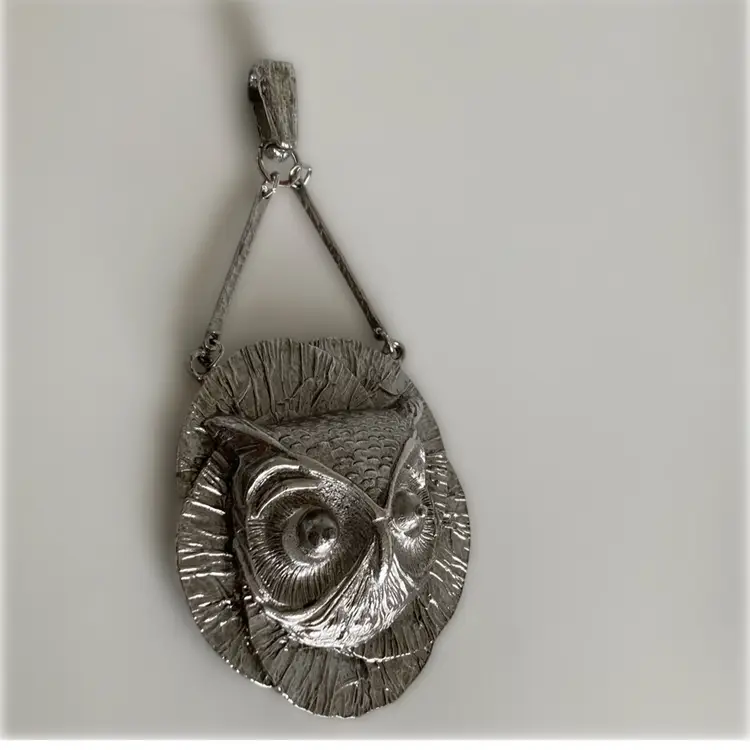 1970’s Brutalist Silver Owl Pendant 3” X 5”