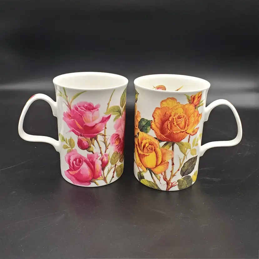 #017 - Pair Of Vintage Roy Kirkham English Rose Fine Bone China Mugs 1992 England