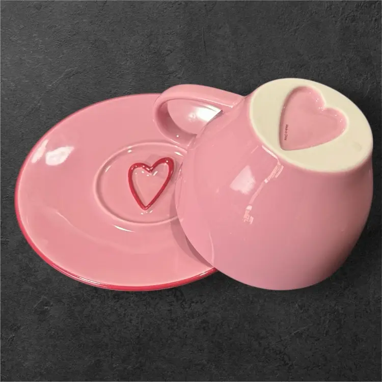 Vintage Oversized Pink & White Starbucks Valentine’s Day Coffee Mug And Saucer with Raised Heart