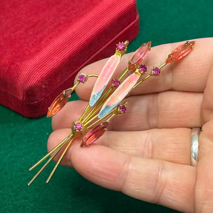 Floral Spray Pink Rhinestone & Enamel Brooch Slender Gold Tone Prong Set