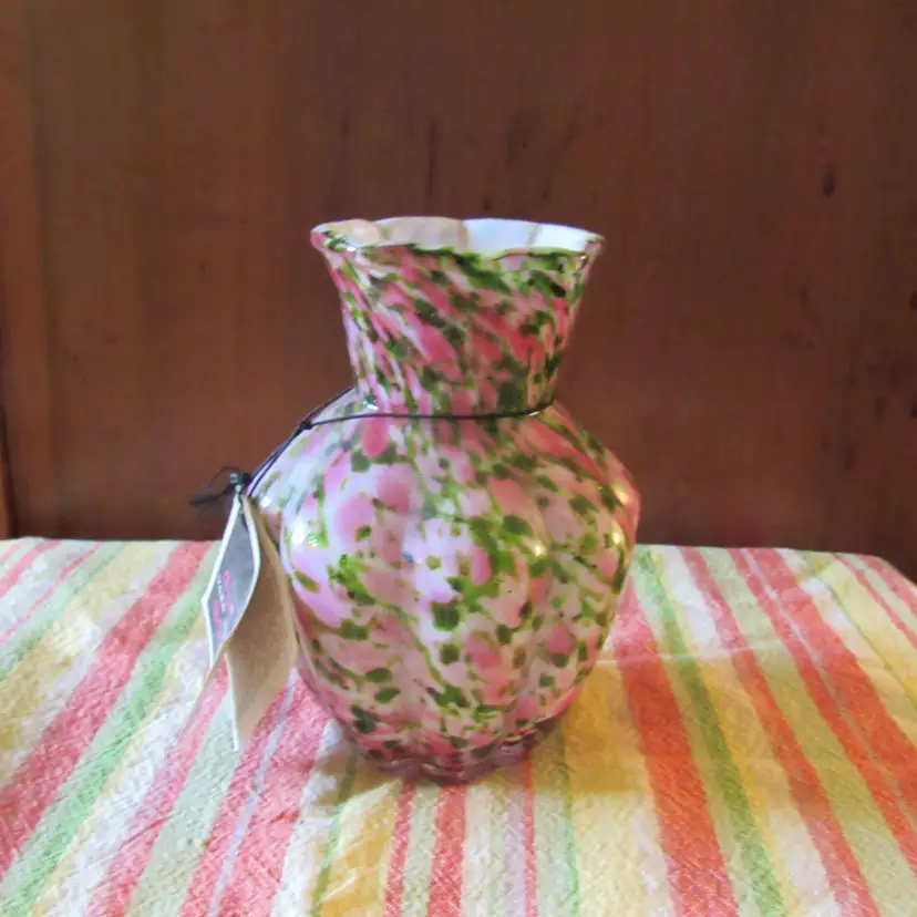 Fenton Murrhina Melon Vase Rose/Green Adventurine