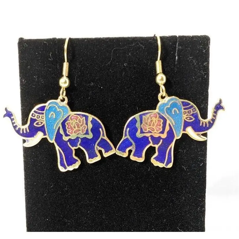 Vintage 1990's Cloisonné Enamel Elephant Trunk up Wire Dangle Earrings