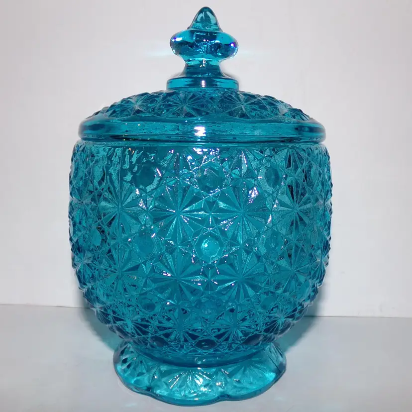 Vintage LE Smith Blue Daisy & Button Covered Candy Jar/Dish