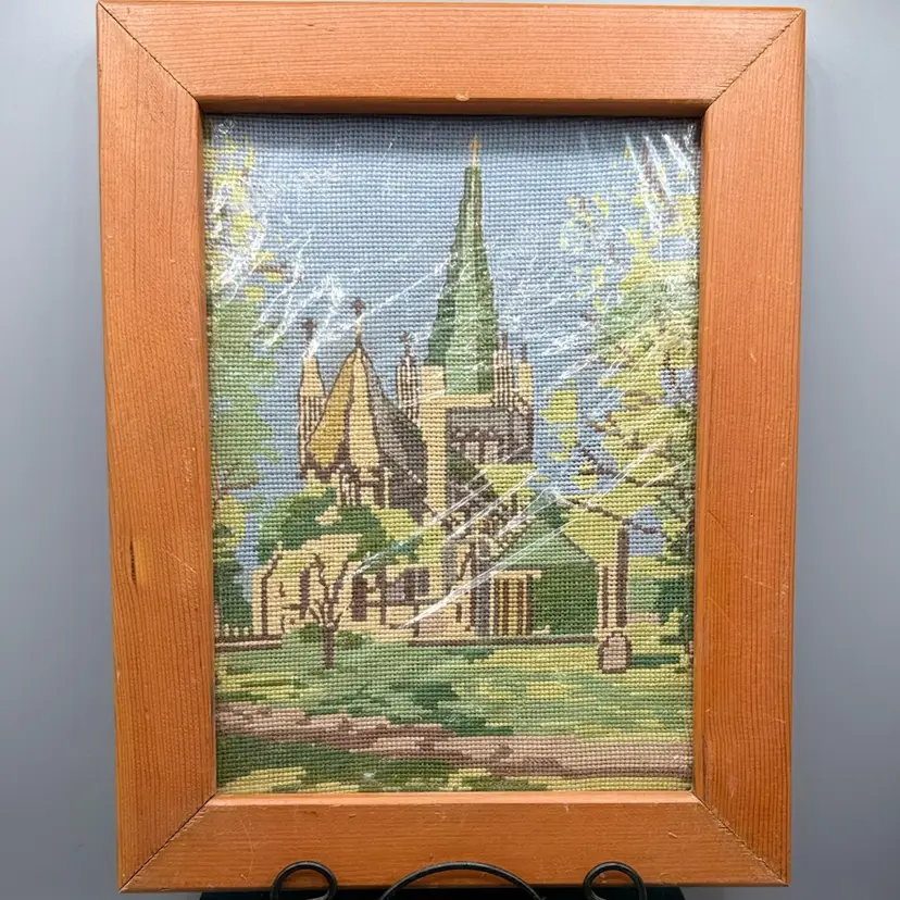 Vintage 1964 Hand-Stitched Wool Needlepoint: Askvoll, Norway Church & Landscape 13.5x10.5”