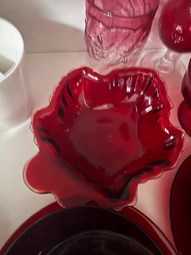 Two Red Glass Leaf Dishes