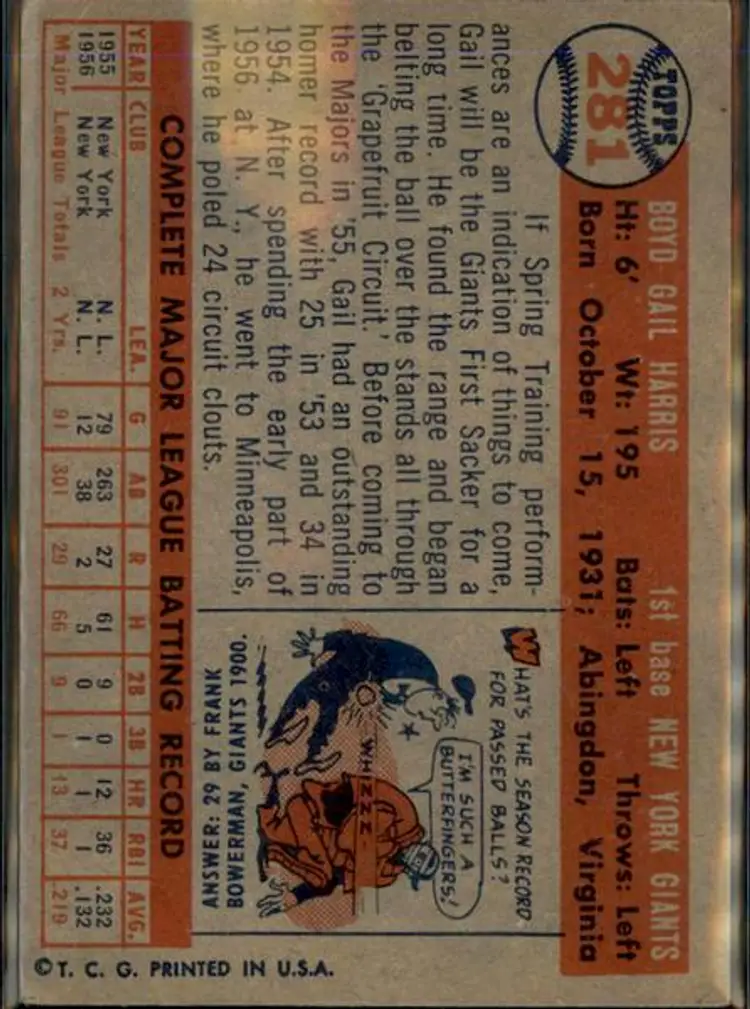 1957 Topps #281 Gail Harris - ( pk1 ) - New York Giants