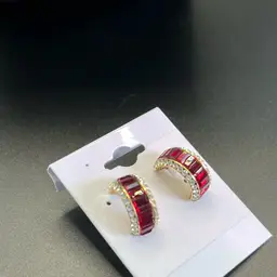 Gorgeous Red Emerald Cut & Round Clear Rhinestone Earrings 5/8” Long Pierced