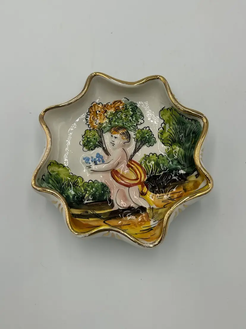 Vintage Hand Painted Capodimonte Italy Signed Cupid Cherub Gold Rim Dish