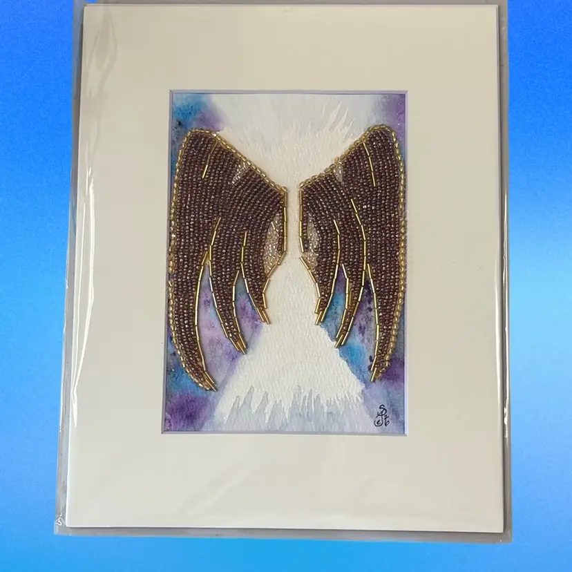 Original Watercolor Angel Seed bead Wings 5 X 7” In 8 X 10” White Matte