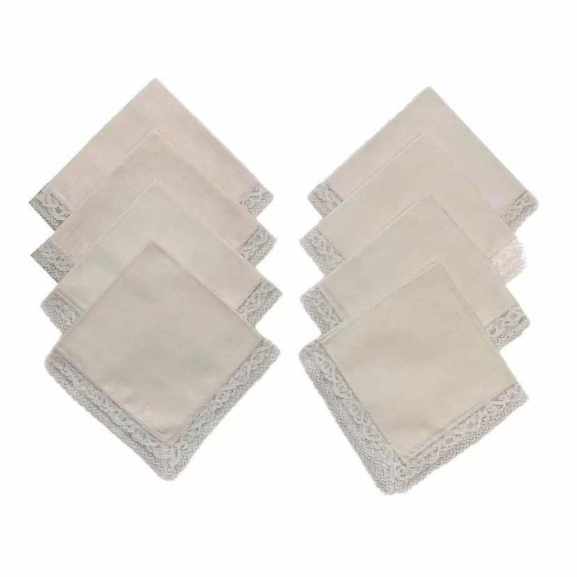 Lace Edge Linen Dinner Napkins Beige Elegant Set 8 Cottage Core Vintage