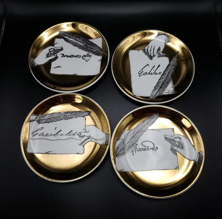 Piero Fornasetti Milano, Rare "Autografi" Mini Plates, Coasters, Complete Set of Eight (8), In Original Box, Made in Italy