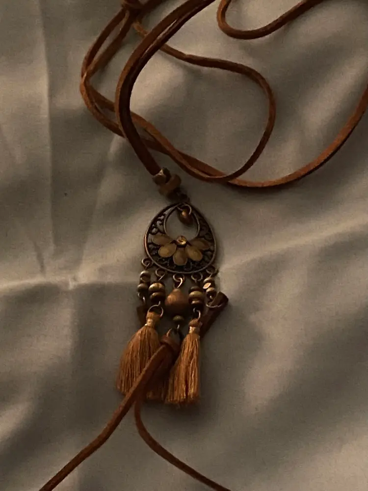 30” Artisan Faux Suede Brown Necklace Metal Teardrop & Fringe Beaded Pendant