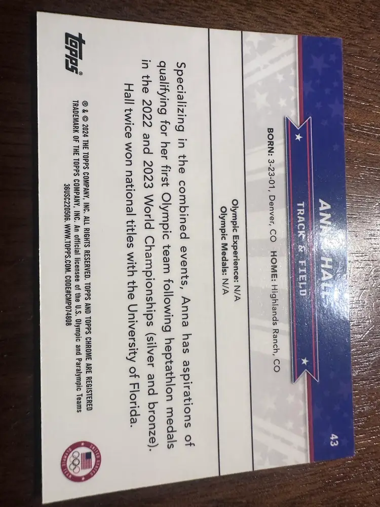 Anna Hall 2024 Topps Chrome Olympic Gold Refractor /50