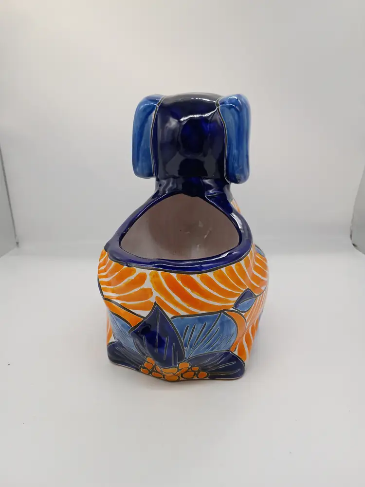Large Talavera Mexicn Pottery Puppy Dog Planter Cobalt & Orange Floral Pattern.