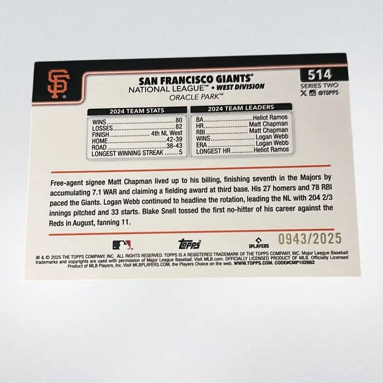 San Francisco Giants Team Card Topps Series Two 2025 Gold 943/2025