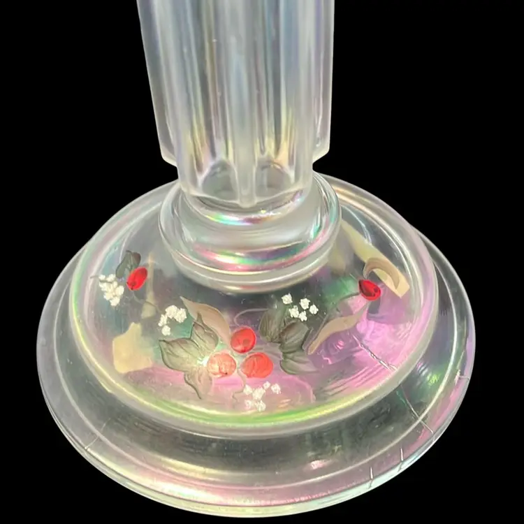 Christmas, Vintage Fenton Stamped White Iridescent 5” Hand Painted And Signed Matching Candle Sticks, 1992