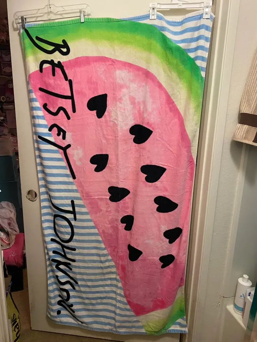 Betsey Johnson Beach Towel Pink Watermelon Print 35x62 Heart Seeds Blue Stripes