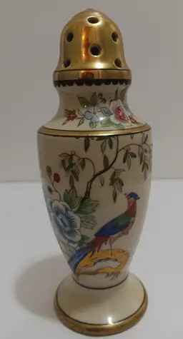 Antique Sugar Shaker/Muffineer Adorned With Hand Painted Pheasant And Floral Motif