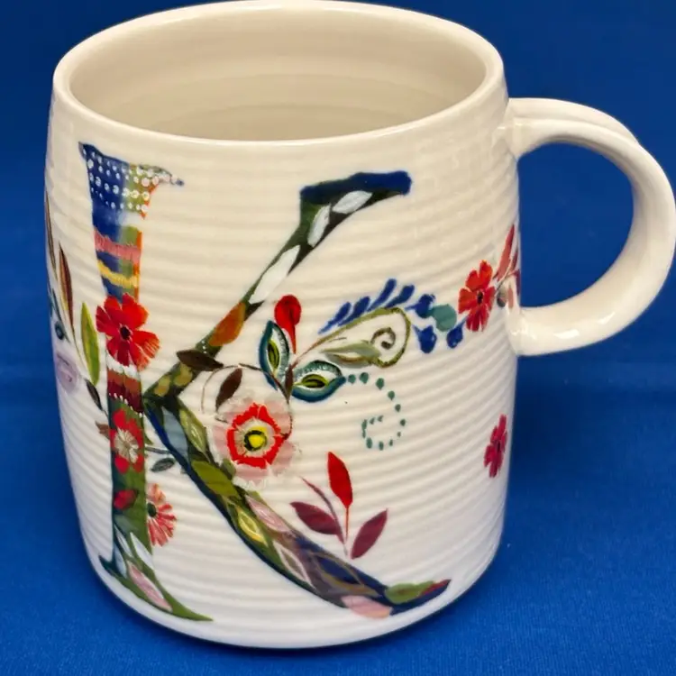 Anthropologie Starla M Halfmann Monogram Letter “ K “ Floral Mug Cup