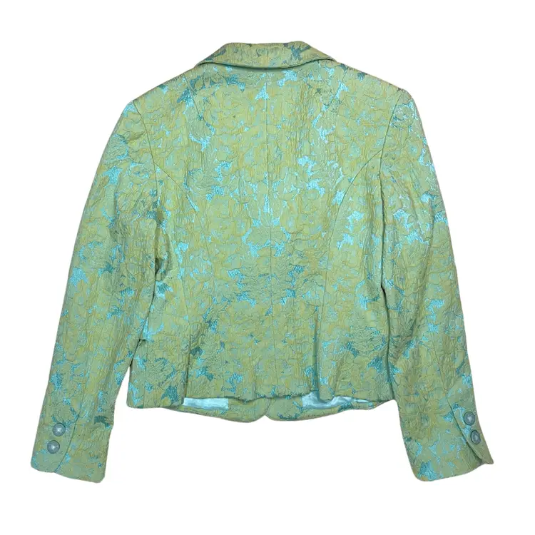 Vtg Sara Campbell Satin Jaquard Blazer 6 Lime Green Aqua Bows Preppy Elegant