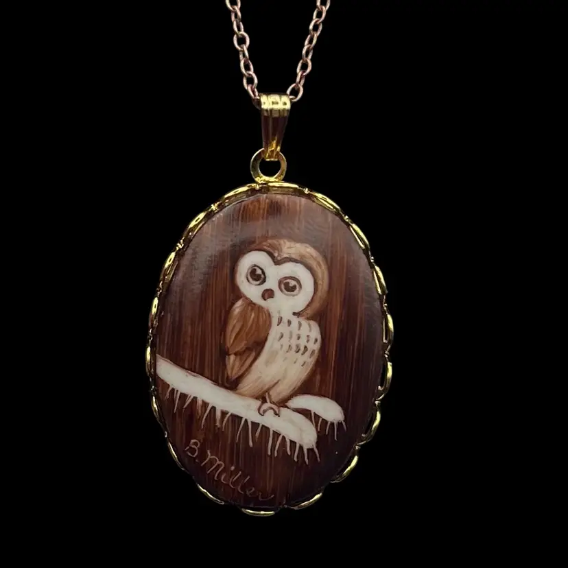Hand Painted Vintage Owl Necklace Signed B. Miller - 18”