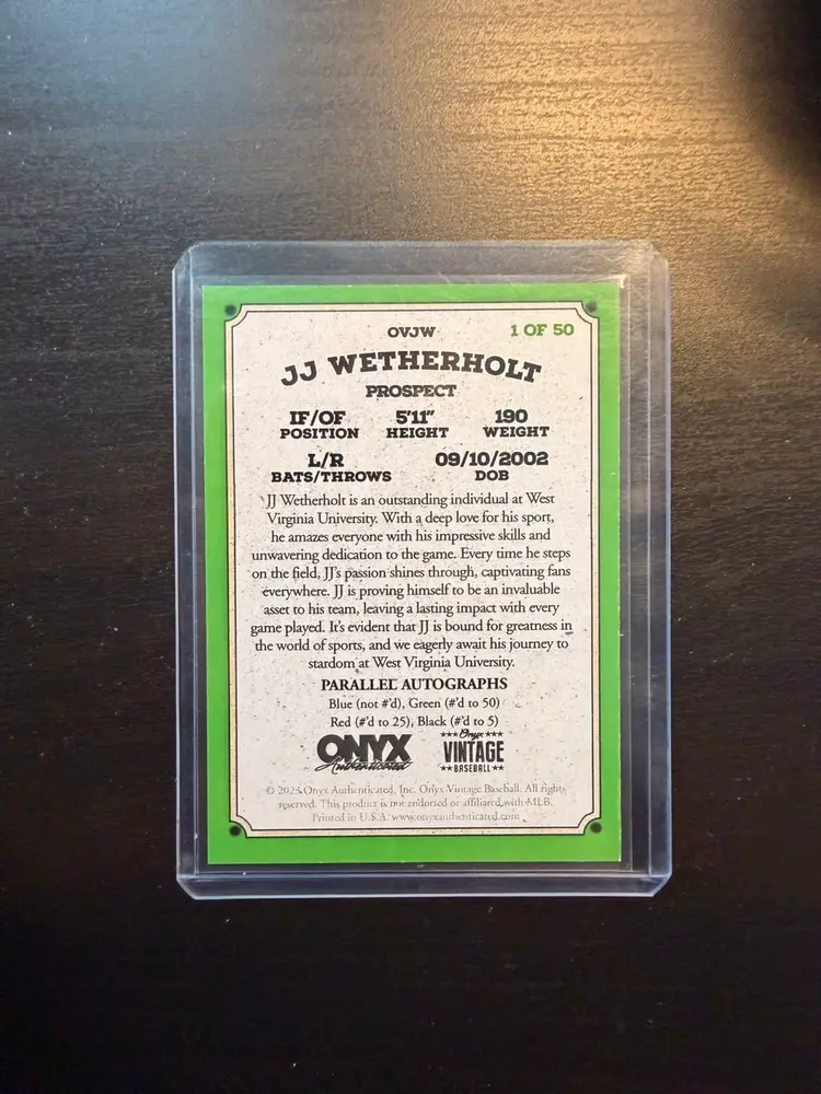 JJ Wetherholt 2023 Onyx Vintage Baseball Prospect Card 1/50