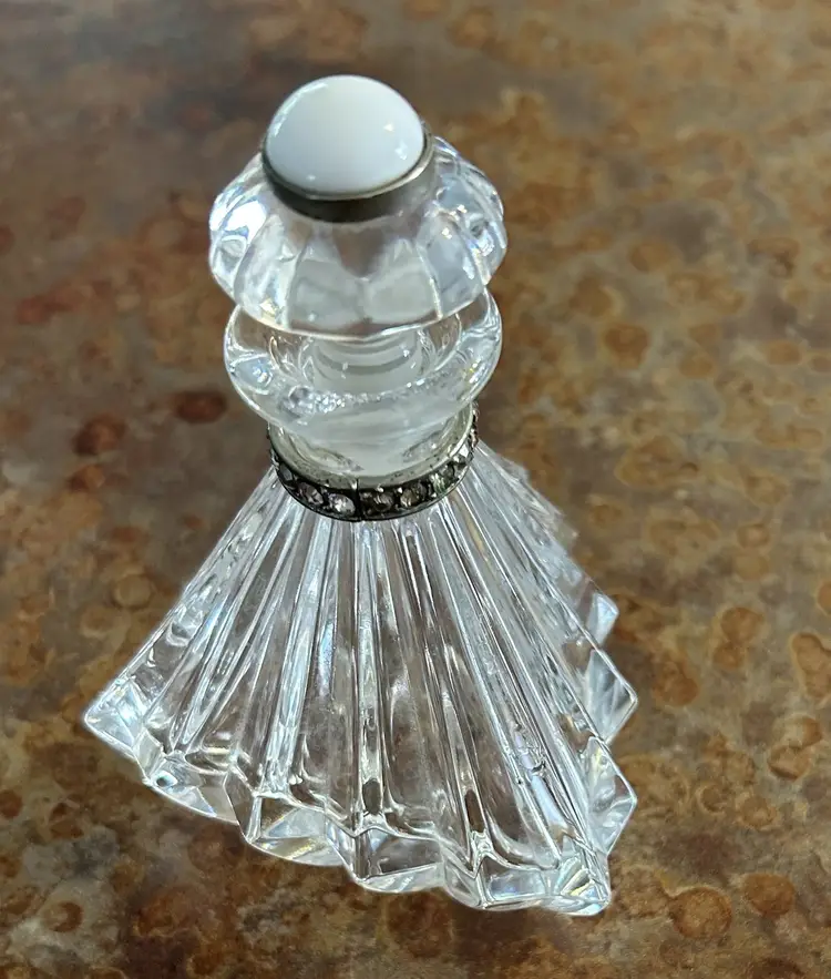 Czech Republic Triangular Clear Perfume Bottle w/Faux Pearl Stopper w/Silver Col