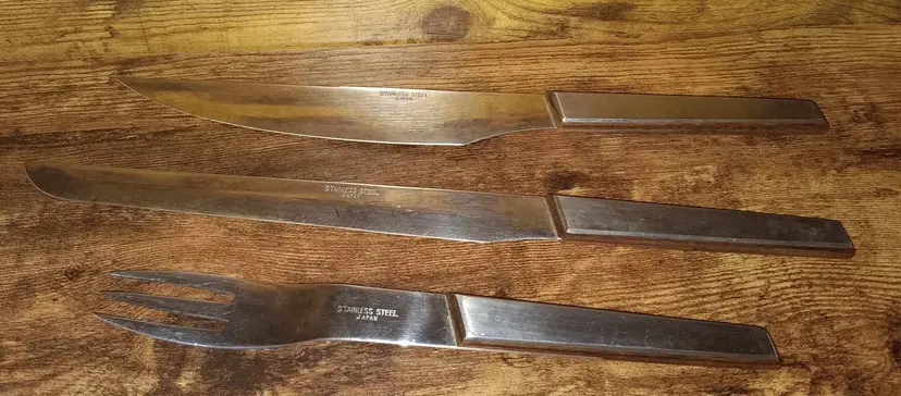 Stainless Steel Japan Carving Set Silver Metal with Wood Grain Accents