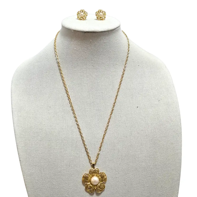 Gold Plated Faux Pearl Flower Necklace & Earrings