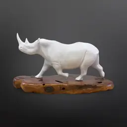 John Perry Studio White Rhino Statue - Resin On Burlwood Base 9” Long