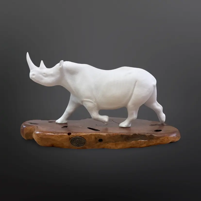 John Perry Studio White Rhino Statue - Resin On Burlwood Base 9” Long