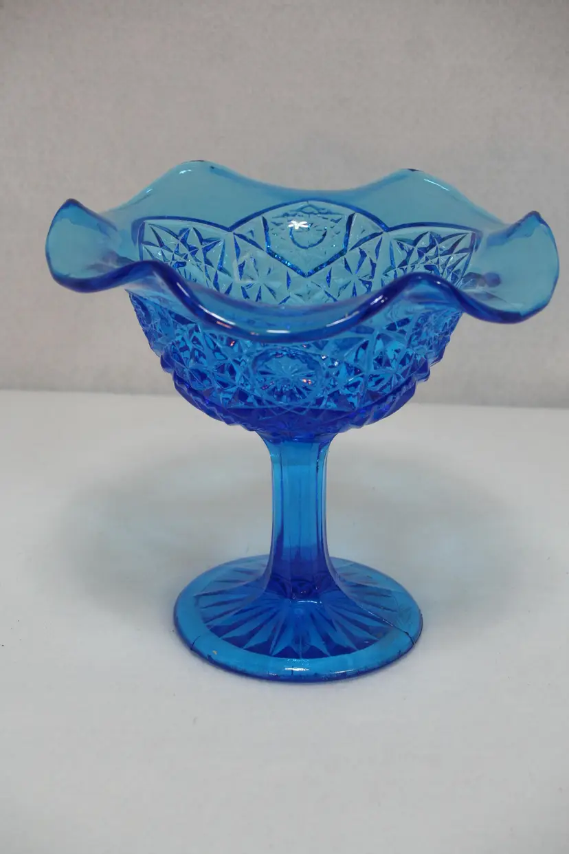 VTG Imperial Glass Co Sapphire Blue Hobstar & Button Pedestal Compote Dish Bowl